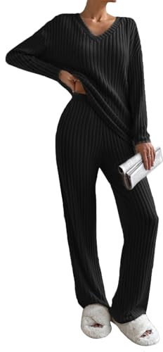 Yutdeng Tuta Donna 2 Pezzi Set Maniche Lunghe con Scollo a V e Pantaloni a Gamba Larga con Tasche Completo Sportiva Set Pigiama a Costine Tuta da Ginnastica,da Jogging,da Casa,Nero,XXL