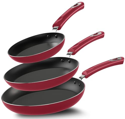 KICHLY Induction Hob Pan Sets Non Stick, 3 Pcs Fryingpans, Professional Chefs Kitchen Cookware, 20cm, 24cm, and 28cm (Red, 4 Packs of 3)