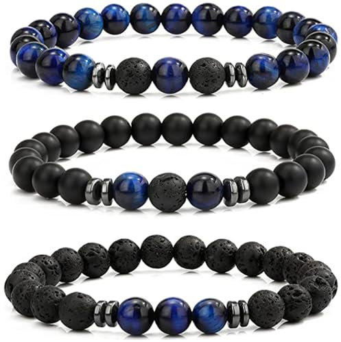 LOCCY Perlenarmband Herren, 3 Stück 8mm Perlenarmbänder Set Stretch Tigerauge Armband Lavastein Perlen Armband für Männer Fraun für Geburtstag Vatertag Weihnachten Geschenke (Blau Tigerauge+Lavastein)