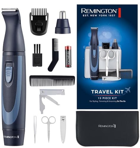 Remington Reiseset Hygiene im Etui [13-teilig: für Haare & Maniküre/Pediküre etc.] Bartschneider, Nasenhaartrimmer, Ohren-& Augenbrauentrimmer, Nagelklipper & Schere, Pinzette, 2 Kämme etc. NE3890