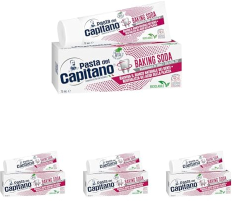 Pasta del Capitano, Dentifricio Baking Soda Bio, Ravviva il Bianco Naturale dei Denti e Neutralizza gli Acidi della Placca Batterica, 100% Made in Italy, Tubetto da 75 ml (Confezione da 4)