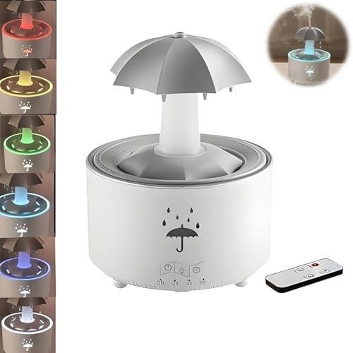 Umbrella Humidifier, Umbrella Diffuser with Rain Effect, Rotating Umbrella Drop 7-Color LED Aromatherapy Diffuser, 300ml Essential Oil Humidifier with Remote,Auto Shut-Off(White)