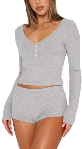 LACOZY Fall Fashion Y2k 2 Piece Pajamas Sets Crop Top Lounge Sets V Neck Long Sleeve Short Outfits Sets Sleepwear Loungewear for Women Grey M
