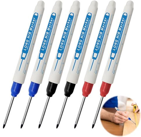 6PCS Deep Hole Marker Pen 30mm Long Nib Marker Pen Waterproof Marking Pen Multi-Purpose Fine Tip Hole Marker Tool Colorful Marking Carpenter for Woodworking and Carpenters Builders (Black/Blue/Red)