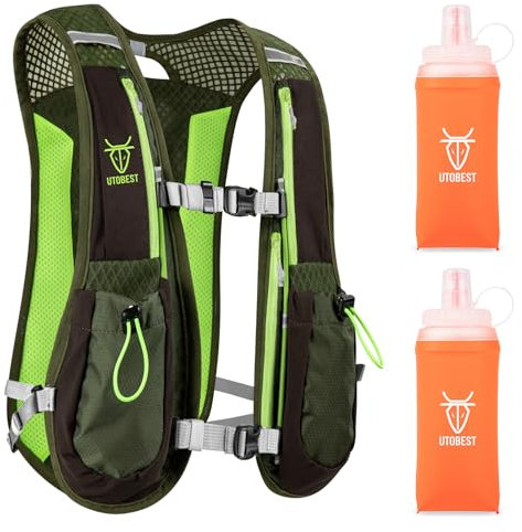 UTOBEST Running Vest Running Backpacks Lightweight Adjustable Hydration Pack 5L for Men & Women, Green, with 2*350ml Bottles