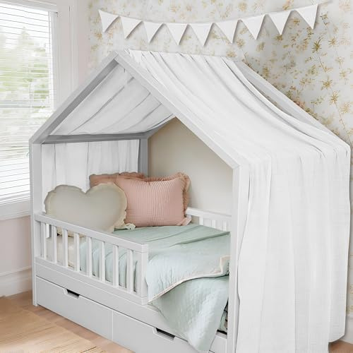 ToxyJopy Hausbett Himmel aus 100% Musselin Baumwolle – Handgemachte Hausbett Deko mit Stoffvorhang – Betthimmel für Hausbett