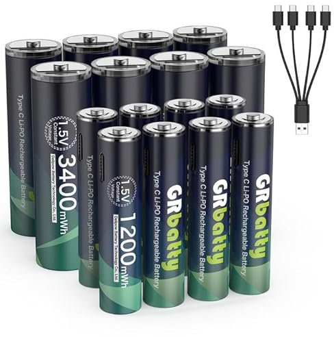 GRbatty Rechargeable AA Batteries 8 Count 1.5V 3400mWh USB-C Lithium Batteries and 8 Count 1200mWh AAA Lithium Rechargeable Batteries 1500Cycle