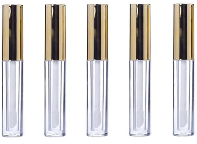 5Pcs 10ml Empty Lip Gloss Tube with Wand Refillable Clear Plastic Lip Balm Containers Bottles Lipstick Sample Containers with Gold Cap and Rubber Stoppers for DIY Lip Gloss Lip Balm and Makeup Samples