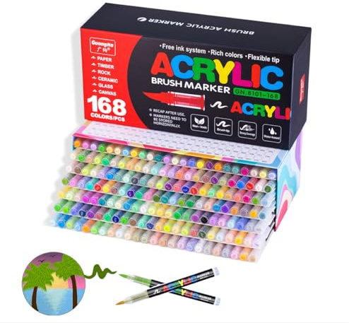 Guangna Feutres acryliques 168, feutres à pointe fine flexible et précise, encre opac superposable, cahier de coloriage, verre, céramique, roche, bois, pierre, peinture sur tissu (168)