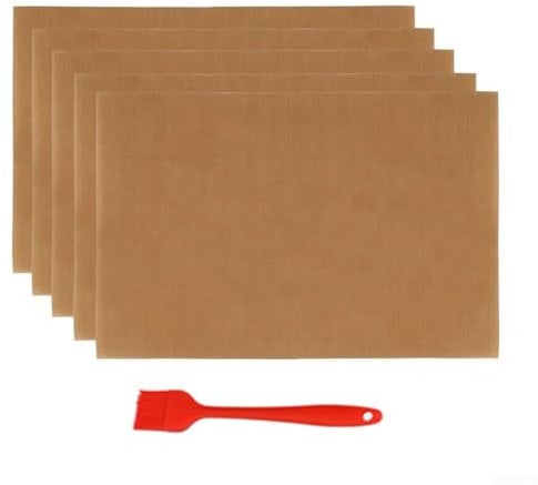 BBQ Copper Grill Mat Set of 5 with an Oil Brush, Perfect for Outdoor Cooking and Baking Without Food Sticking or Falling Through the Grates