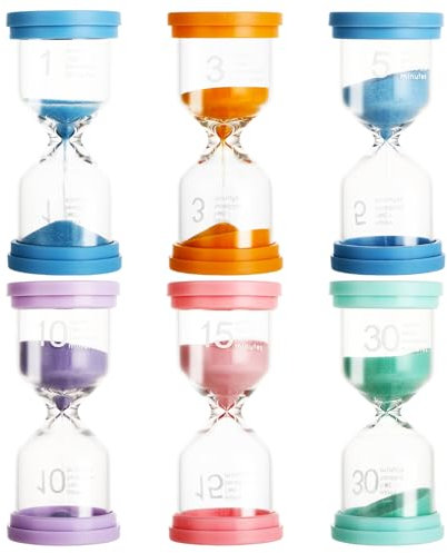 6 Relojes de Arena para Niños 1/3/5/10/15/30 Minutos, Temporizadores Coloridos para Cocina, Escuela, Cepillado de Dientes, Oficina, Actividades Educativas y Decoración