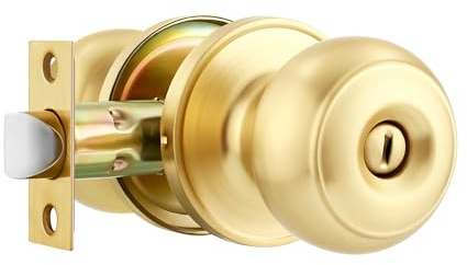 Heittis 1 Pack Bathroom Door Knob, Satin Brass Privacy Doorknobs,Golden Door Knob with Round Ball for Bathroom