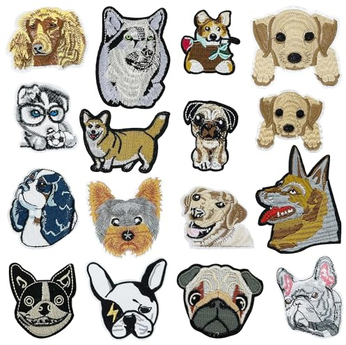 Attuslla 16 Stück Hund Patches zum Aufbügeln, Hund Aufnäher zum Aufbügeln Nähen Abzeichen für Jeans Jacken Kleidung Rucksack Mütze DIY Handarbeit Nähen