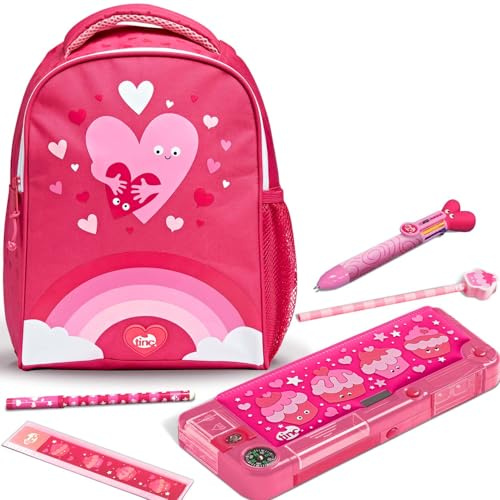 Tinc Kids Backpack School Bag + Compartment Pencil Case + Multicolour Ballpoint Pen | Adjustable Straps + Bottle Holder | for School, Home, Boys & Girls | Mallo, Pink Rainbow
