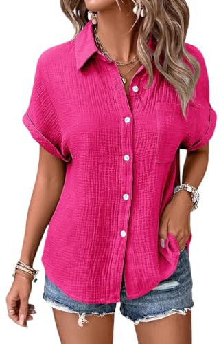 Onsoyours Camicia Donna Elegante Estiva Casual Camicetta Manica Corta Scollo a V Top con Bottoni A Fucsia M