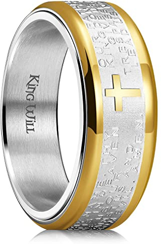 King Will Ehering für Männer aus Edelstahl - 8mm schwarzer vergoldeter Spinnerring mit Vaterunser & Kreuz, biblisch graviert 7