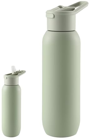 Sommdiy 600ml Insulated Water Bottle, Thermal Metal Water Bottle with Reusable Straw Leakproof, Stainless Steel Reusable Drinking Bottles That Keep Drinks Cold Hot for Adults and Kids (Green)