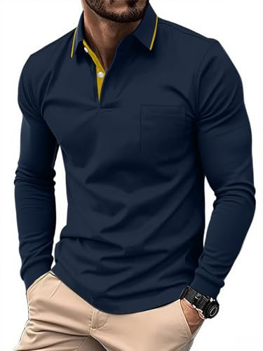 JACKETOWN Poloshirt Langarm Herren Golf Polo Shirts Knopfleiste Polohemd Arbeit Casual Hemd mit Tasche Männer Atmungsaktives Pullover Business Freizeit Sport T Shirts M-3XL