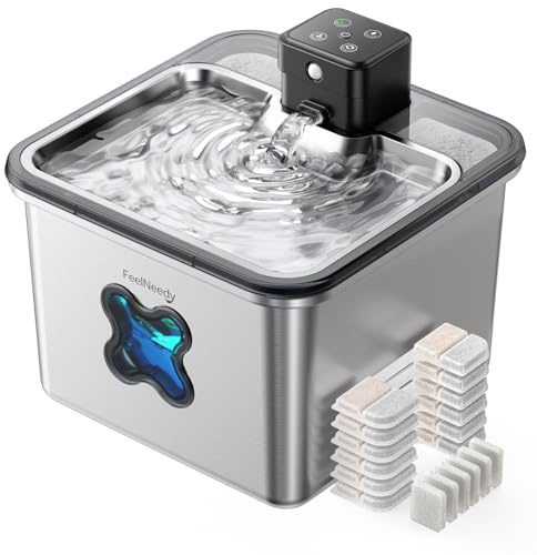 Cat Water Fountain for Drinking Stainless Steel, 3.2L/112oz Wireless | FEELNEEDY Transparent Filter Window Battery Operated Pet Fountain, Motion Sensor, for Cats & Dogs, 6 Pack Filters