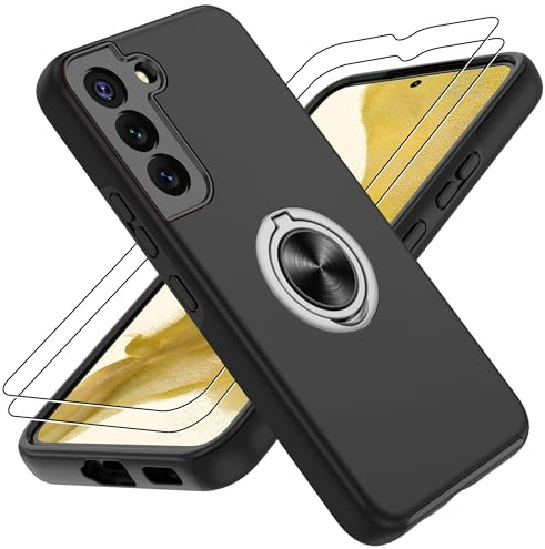 Gritup für Samsung Galaxy S22 Hülle mit 2 Stück Schutzfolie Militärstandard Stoßfeste Handyhülle,Robuste Fallschutz Schutzhülle 360° drehbare Metallhalterung Case für Galaxy S22,Schwarz