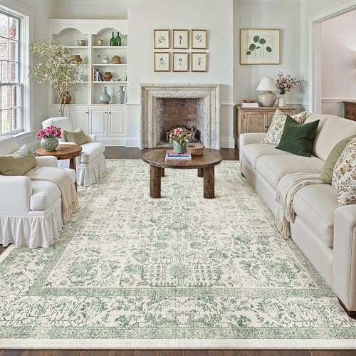 HUGEAR Grün Vintage Teppich Wohnzimmer 300x400cm Waschbar | Waschbarer Retro Teppich,Weich,Rutschfest Kurzflor,Groß,für Wohnzimmer,Schlafzimmer, Esszimmer,Büro,Carpet,Teppiche