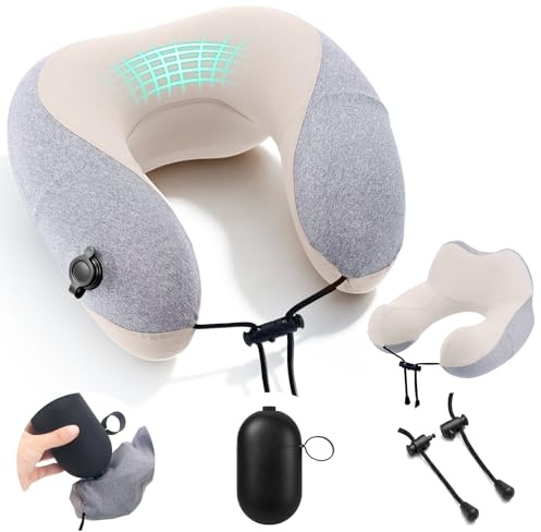 MKLG Aufblasbares Nackenkissen für Flugzeug & Reisekissen – 2-in-1 Aufpumpen & Aufbewahrung (Kein Mundblasen) + Erhöhte Nackenstütze (16 cm) mit Ice-Soft-Bezug