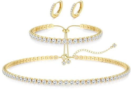 Diamday Schmuck Set für Damen Tennis Halskette Armband Ohrringe Set | Schmuckset Silber 925 Damen Ohrnadel Ohrringe Verstellbare Kette Zirkonia Armbänder für Hochzeit Brautjungfern Abschlussball