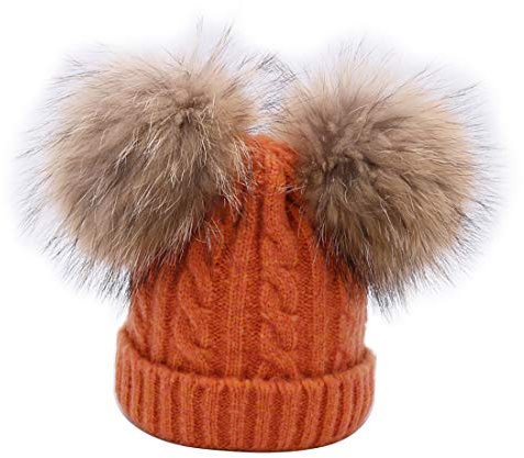 BeFur Kinder Winter Zopfmuster Bommelmütze Hut Beanie Cap mit zwei Bommel - Orange