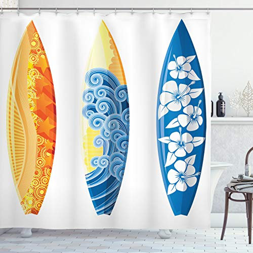 ABAKUHAUS Sommer Duschvorhang, Surf Fun Wassersport, Stoffliches Gewebe Badezimmerdekorationsset mit Haken, 175 x 240 cm, Blau Orange Gelb