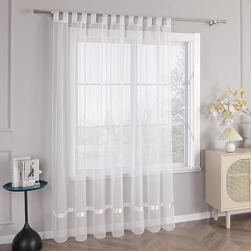 HongYa Stores Voile Gardine Schal Transparenter Vorhang mit Satinband Schlaufen H/B 145/300 cm Weiß