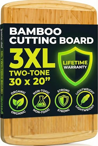 ENORMOUS 30 x 20 Organic Extra Large Cutting Board with Lifetime Replacements – Wood Bamboo Chopping Board - Wooden Butcher Block Cutting Board for Carving Turkey, Grilling Brisket and BBQ