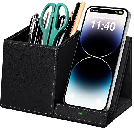 Pen Holder with Wireless Charger, Compatible with iPhone 17/16/15/14/13/12/11/8 Series, Pencil Holder Phone Stand for Desk Home Office, Men Gift Husband Wife Anniversary Dad Birthday Idea Gadget