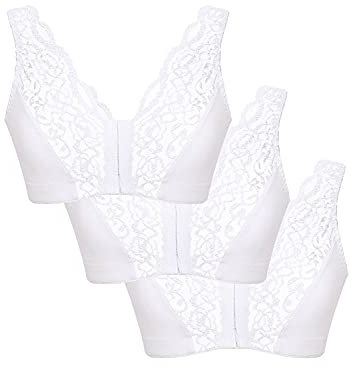 Eden House Ladies Pack of 3 Bra Cotton Lace Front Fastening Magic Bra White 12