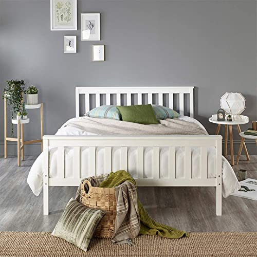 Aspire Beds Atlantic Solid Wood Shaker Bed Bed Frame, White With White Wood Highlights, Small Double (120 x 190 cm)