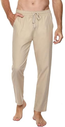 Sykooria Pantalon en Lin Homme Pantalon Coton Léger Homme Lin Pantalon Jogging avec Poches Grandes Tailles Léger Respirant Pantalon Décontracté-Kaki-L