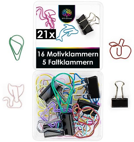 OfficeTree 16 x Büroklammern Motiv - Lustige Büroklammern Set inklusive 5 Foldback Klammern Klein - Binder Clips - Schreibtisch Büroklammern Deko in praktischer Aufbewahrungsbox (Bunt)