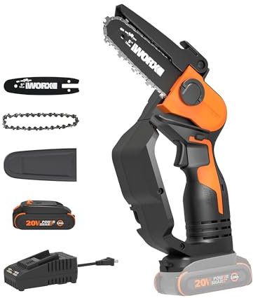 Worx 20V 5 Mini Cordless Chainsaw, 3.9 lbs, 22 ft/s Chain Speed, Power Share Battery, Upper & Hand Guard WG324 - Battery & Charger Included