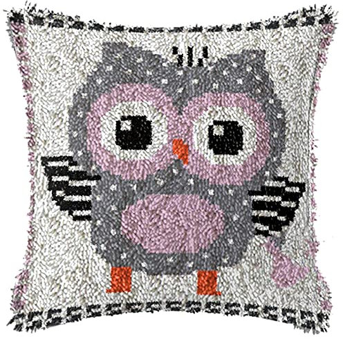 XUJINGJIE Knüpfteppich Knüpfkissen für Kinder Erwachsene Wurfkissenbezug Teppich Making Kit mit Eule Vorgedrucktes Muster DIY Stickerei Kreuzstich Set Ür Sofa Home Decor, 43X43cm,A