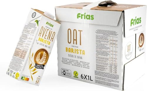 Frías - Bebida de Avena Barista - Enriquecida con Calcio - Pack de 6 Unidades de 1L - Sin Lactosa y Sin Azúcares Añadidos - 100% Vegana - Bajo Contenido en Grasas Saturadas - Elaborada en España