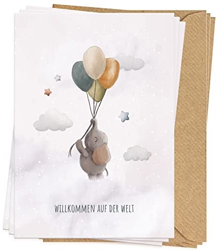KOKO&LORA® Glückwunschkarten zur Geburt im 3er Set mit Elefant und Luftballons • moderne Grußkarten mit niedlichen Aquarell-Tieren