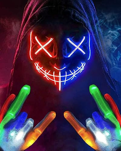 Colplay New LED Halloween Mask & Gloves in Multiple Light Modes, The Purge Mask Costume, Light up Scary Mask Gloves, Halloween Costumes for Women Kids Girls