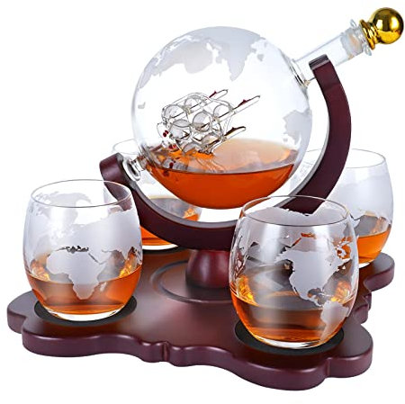 Gifts for Men Dad Husband Christmas, Whiskey Globe Decanter Set with 4 Etched Globe Glasses, Unique Anniversary Birthday Gifts for Brother Boyfriend, Cool Stocking Stuffers Bourbon Whikey Gifts