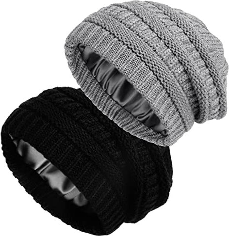 2er-Pack Satin gefütterte Strickmütze für Frauen Winter warme Stretch Slouch Cable Beanie mit Satin-Seidenfutter, Black+light Grey, Einheitsgr��e