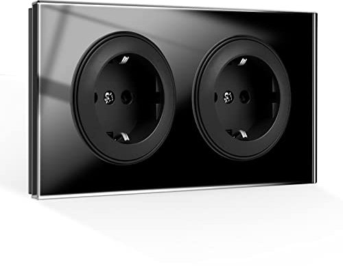 CNBINGO Glas Schuko Steckdose zweifach - Design Schutzkontakt Wandsteckdose mit Glasrahmen - Doppelsteckdose unterputz in Schwarz - mit Montagematerial - Design Innenrahmen rund