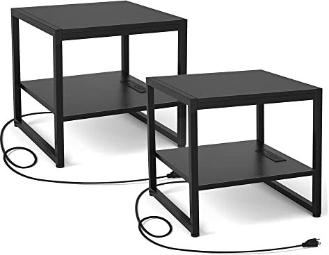 Homieasy End Table with Charging Station, 20 Inch Square Side Table with USB Ports & Power Outlets, Black Nightstand with 2-Tier Storage Shelf, Mini Fridge Stand for Small Spaces, Black -2 Pack