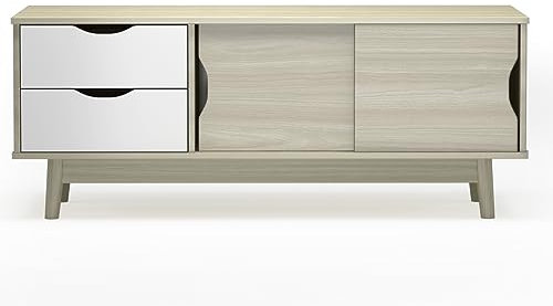 COSTWAY Mobile Porta TV Soggiorno, Mobile TV con 2 Cassetti per TV Fino to 60, 2 Porte Scorrevoli e Foro per Cavi, Tavolino Porta TV Vintage 120 x 45 x 45 cm (Rovere+Bianco)