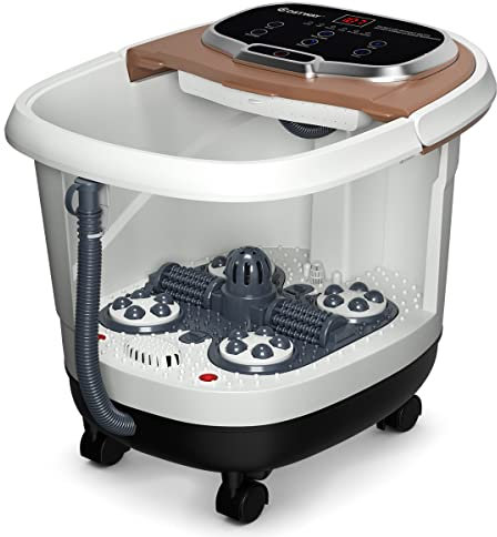 COSTWAY Fußbad mit Massagefunktion & Duschfunktion, 500W Elektrische Fußbadewanne mit Heizung, Max. 48°C, 10-60 Min Timer, Shiatsu- & Rollenmassage, Fußbad Massagegerät auf Rollen (Braun)