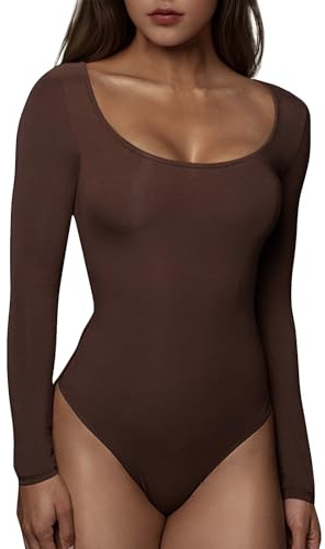 RoomTour Body Damen Elegant Langarm Bodys for damen Bodysuit Tops for damen Stringbody 1-Braun L