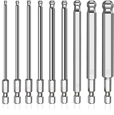 9 stück Hex Schraubendreher Bit Satz Lang, Kugelkopf Sechskant Schraubendreher Bits Set, 100mm S2 Legierter Stahl Schraubendreher Schlitz Kugelkopf (Größe: H1,5/2/ 2,5/3/ 4/5/ 6/8/ 10mm) (9)