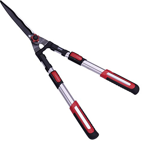 Amig Teleskop-Heckenschere, Zweihand-Baumschere, 600 mm Stahlklinge mit Teflonbeschichtung, 68 bis 88 cm teleskopierbarer Aluminiumgriff, gewellter Schnitt für optimales und präzises Schneiden